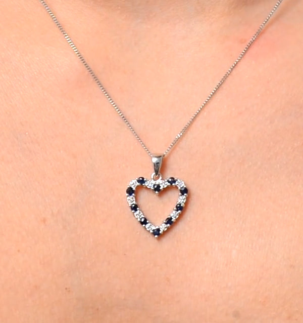 9K White Gold 0.03ct Diamond and Sapphire Heart Pendant Necklace
